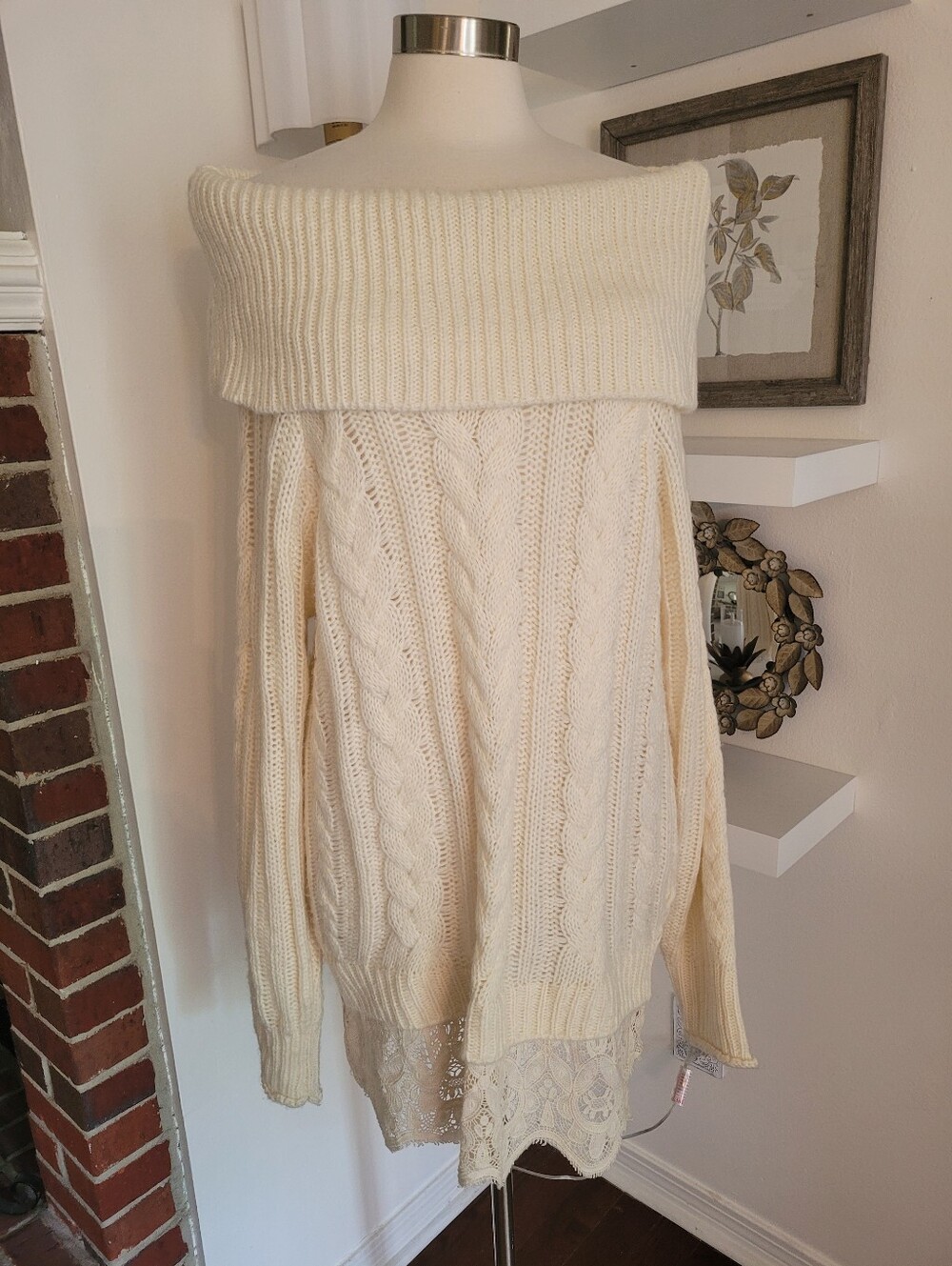 Knox Rose Off-Shoulder Cable Knit Sweater Dress with Lace Hem - Cream